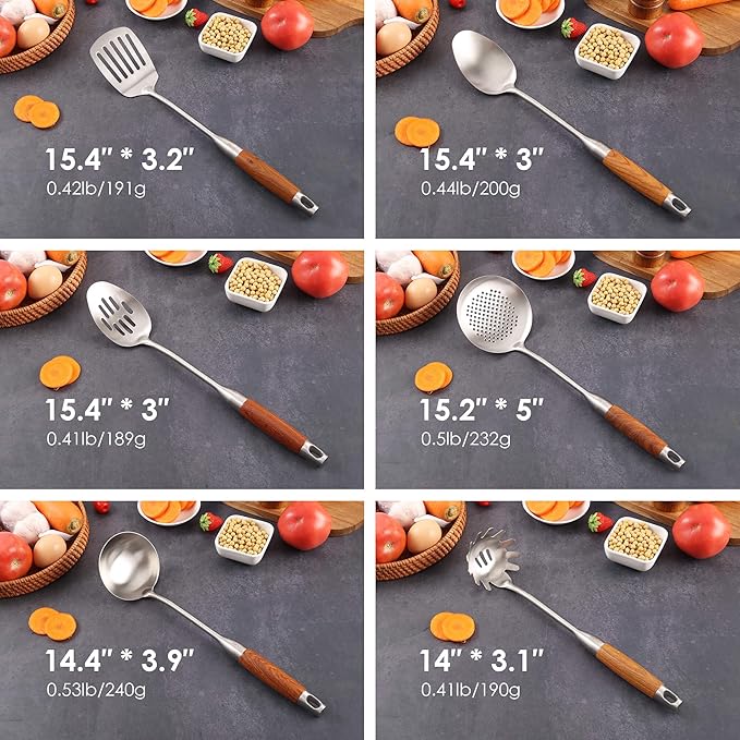 18/10 Stainless Steel Kitchen Utensils Set with Wood Handle - 15??Long Metal Cooking Tools - Serving Solid/Slotted Spoon, Tunner, Skimmer, Soup Ladle, Spaghetti Spoon, Large Spoons Set of 6