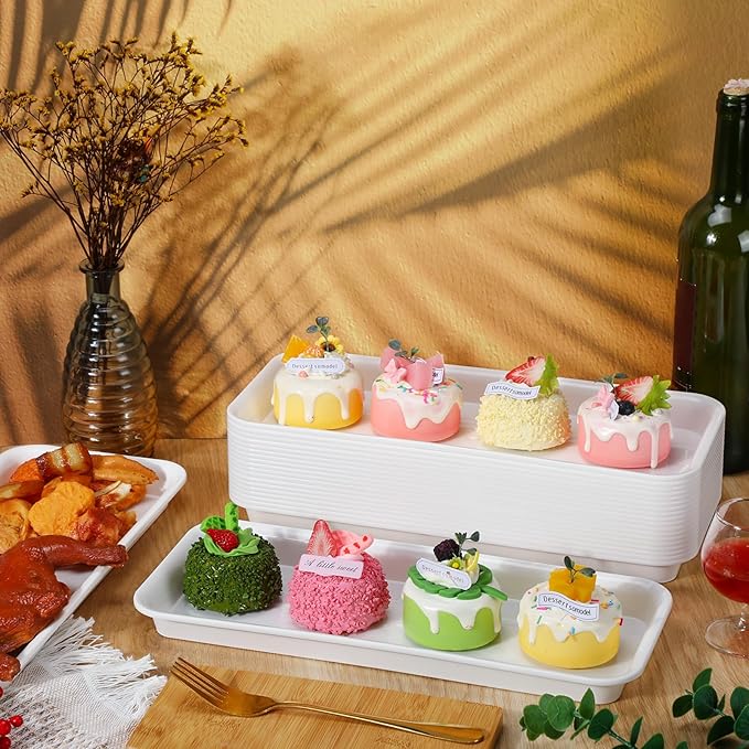 20 Pcs Serving Platters 14 x 6 Inch Rectangle Serving Trays Reusable Food Tray Dishes Dessert Trays Plastic Plates for Wedding Home Table Thanksgiving Christmas Party(White)