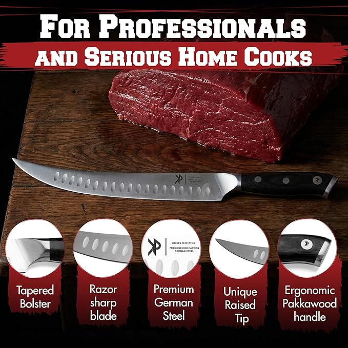 KITCHEN PERFECTION 10??Butcher Knife for Meat Cutting & Trimming-Ultra Sharp Cimeter Breaking Carving Knife with Sheath- Premium German Steel,Full Tang Ergonomic Handle -Perfect Grilling Gifts for Men