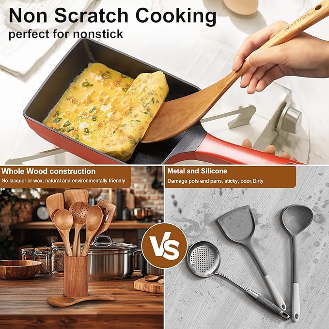 Wooden Utensil Set,WOTTISH 7Pcs Nonstick Wood Spatula,Wooden Kitchen Utensils Set Non Toxic,Wooden Spoons for Cooking（A07）
