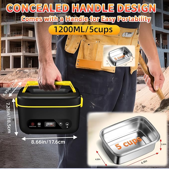 Cordless Electric Lunch Box,24000mAh Heated Lunch Box Battery Powered with Automatic Heating, 5Cups Portable Food Warmer,Multi-Mode Automatic Heating with an Insulated Bag and Utensils (Black)