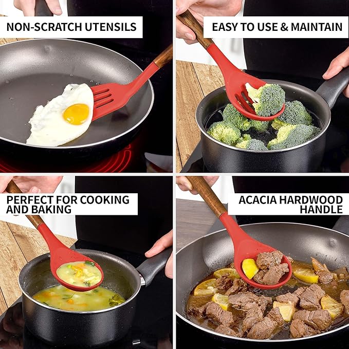 Zulay Kitchen Utensils Set Non-Stick Silicone Cooking Utensils Set with Authentic Acacia Wood Handles - 5 Piece Silicone Utensil Set - Kitchen Utensils Set with 464째F Heat Resistance - Red