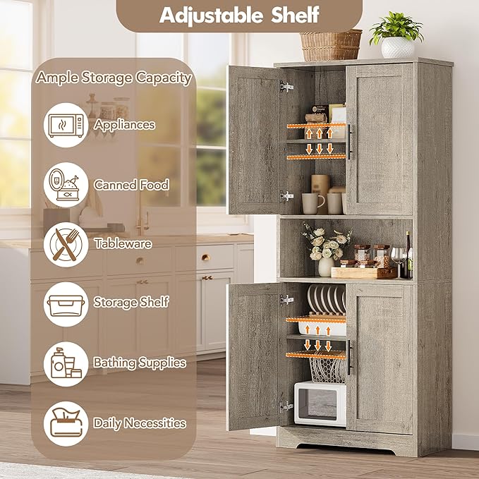 70" Tall White Pantry Cabinet with Doors, Freestanding Storage Cabinet with Adjustable Shelves for Kitchen, Dining Room, Bathroom, Living Room,Gray