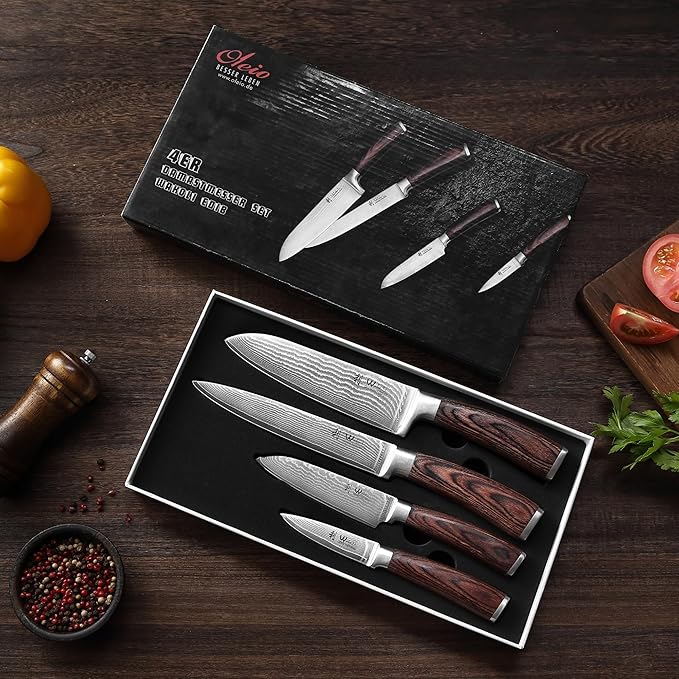 Wakoli EDIB 4-Piece Damascus Knife Set ??Professional Chef Knives Set with VG10 Core Blades, 67-Layer Damascus Steel and Ergonomic Pakkawood Handles ??Premium Kitchen Knives in Elegant Gift Box