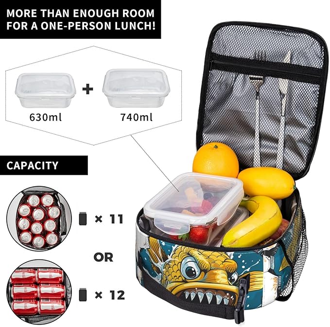 VANZEV Insulated Lunch Box for Women Men, Cute Fish Theme Lunch Box Reusable Portable Lunch Bag Cooler Tote Waterproof Lunch Container for Office Picnic Work Travel