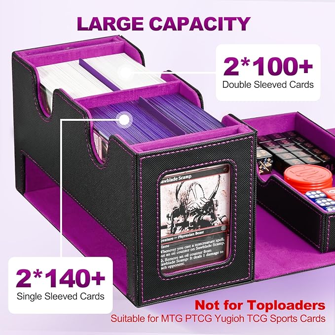 Card Deck Box for MTG, Double Card Storage Box with 2 Commander Display & 1 Dice Tray, Fits 200+ Double Sleeved Cards, Organizer for CCG TCG Sports Cards (Black Purple)