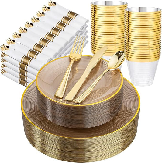 Morejoy 350PCS Clear Brown Plastic Plates - Disposable Gold Party Plates & Pre Rolled Napkins with Cutlery for 50 Guests, 100Plates, 150Silverware, 50Cups, 50Napkin for Party & Christmas