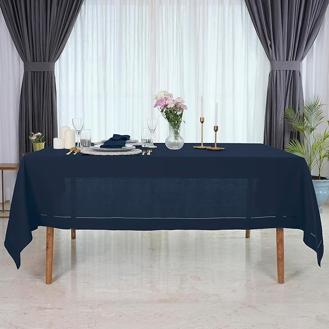 D'Moksha Homes Navy Blue Linen Tablecloth 60 x 156 Inch - 100% Pure Linen Navy Tablecloth for Rectangle Tables - Classic Hemstitch, Machine Washable Table Cloth for Easter