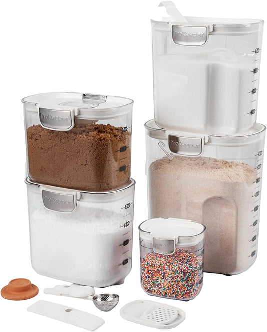 ProKeeper+ Airtight Food Storage Container Set ??Clear Plastic Flour and Sugar Canister Set with Magnetic Accessories for Kitchen Organization (White, 9-Piece)