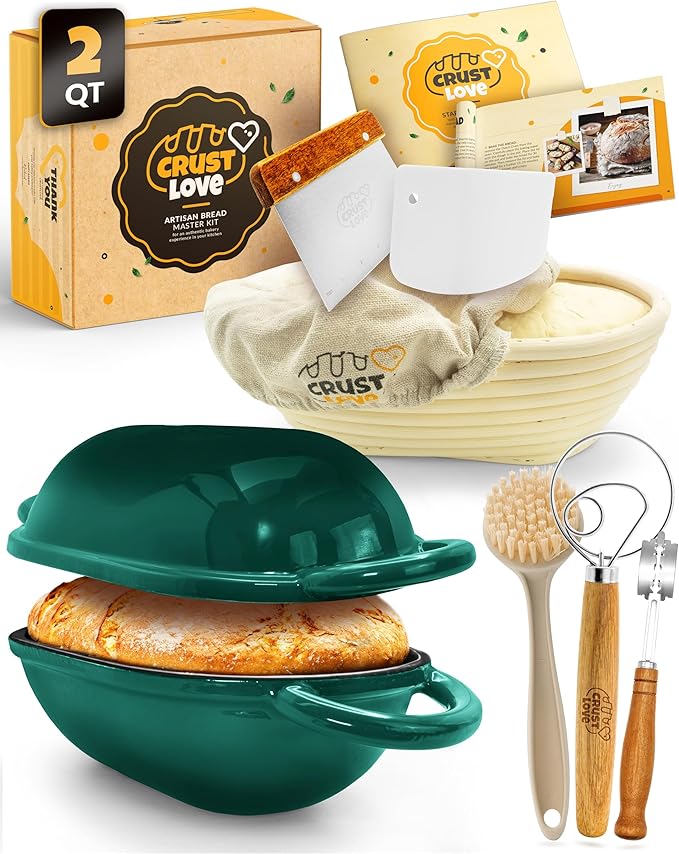 Loaf Pan for Bread Baking - incl. Sourdough Bread-Baking Supplies like Banneton Bread-Proofing Basket - 2QT Enameled Oval Cast Iron Dutch Oven, Bread-Oven, Sour Dough Bread-Banking-Pan Tools