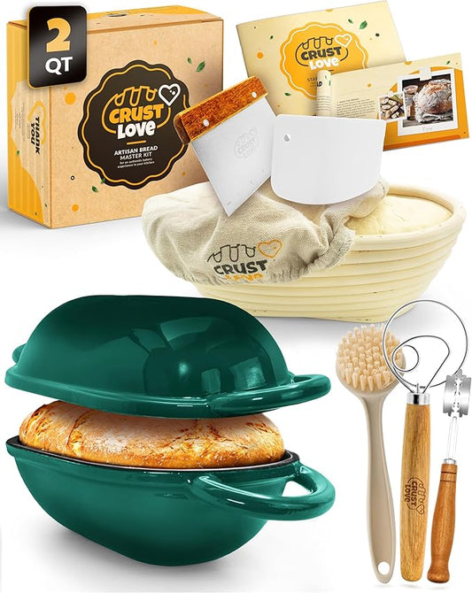 Loaf Pan for Bread Baking - incl. Sourdough Bread-Baking Supplies like Banneton Bread-Proofing Basket - 2QT Enameled Oval Cast Iron Dutch Oven, Bread-Oven, Sour Dough Bread-Banking-Pan Tools