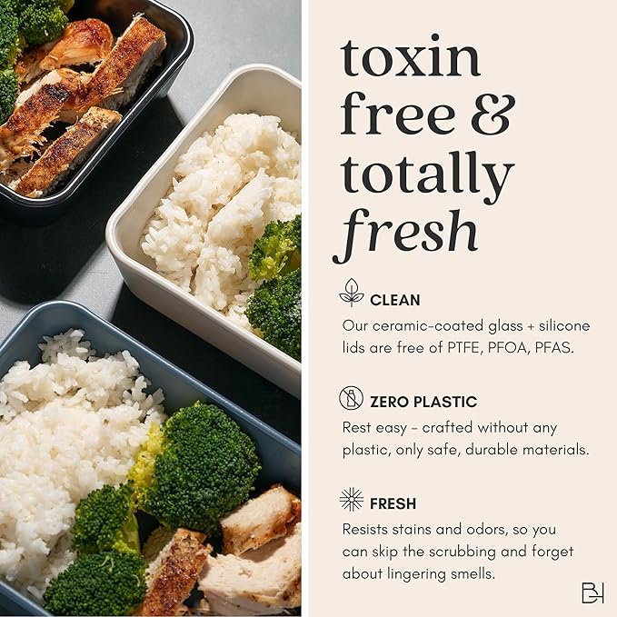 Ceramic Coated Glass Food Storage Container | No PTFE, PFOA, PFAS, and BPA | Reusable Non Toxic Meal Prep Container with Glass Lid | Easy To Store | 6 Piece Food Prep [Onyx]