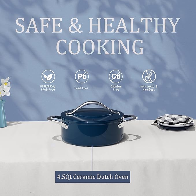 Stock Pot 4.5QT Nonstick Ceramic Dutch Oven Pot with Lid (9.5"x 4") Non-Toxic PFAS-Free Even Heat Distribution, for Braising, Baking Bread & Soups, Compatible for All Cooktops(Induction/Gas/Electric) Oven Safe to 500째F, Navy Blue