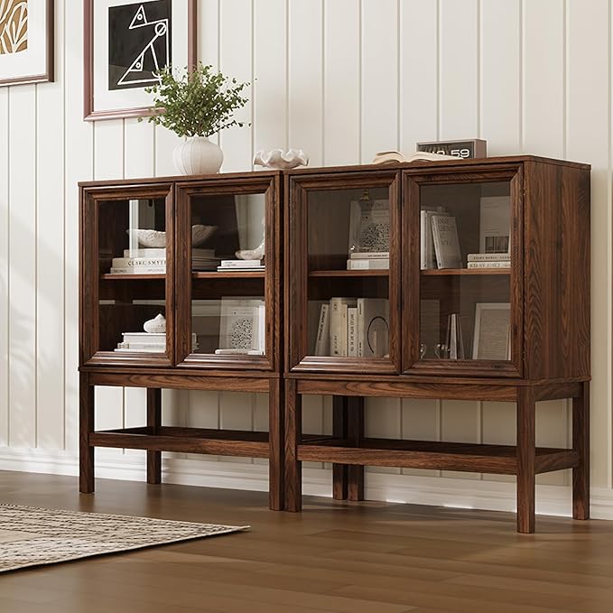 Sideboard Buffet Cabinet with Storage Set of 2, Small Kitchen Coffee Wine Bar Cabinet with Glass Doors, Wood Mid Century Modern Side Board Table for Dining Room, Living Room