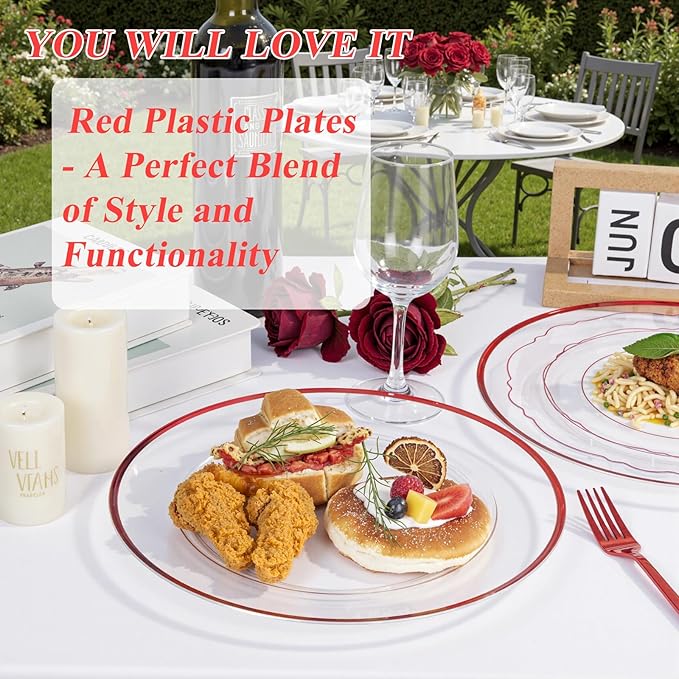 WDF 12 Inch Red Charger Plates - Charger Plates Bulk - 25Pack Plastic Clear and Red Charge Plate Perfect for Wedding/Party/Valentine's Day