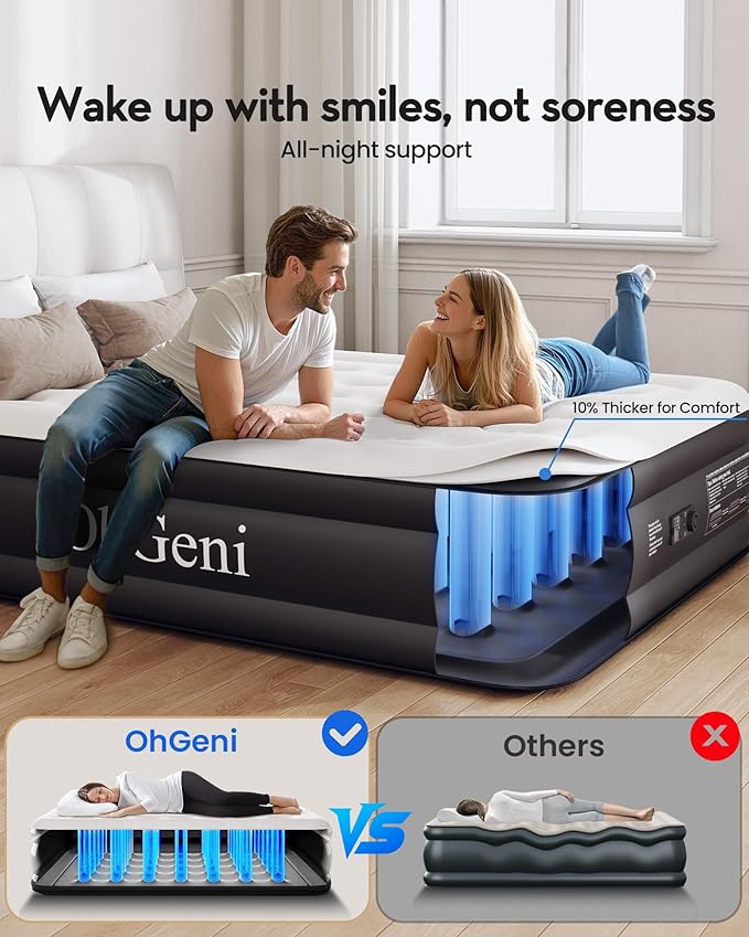 OhGeni Air Mattress Queen with Built in Pump, Inflatable Mattress Blow Up Mattress 18 Raised Comfort,Upgraded Surface Portable Bed, Air Bed for Home, Guest, Camping, Colchone Inflable, 650 lbs