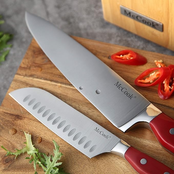 McCook짰 Stainless Steel Kitchen Knife Sets with Wooden Block, Kitchen Scissors and Built-in Sharpener, Red