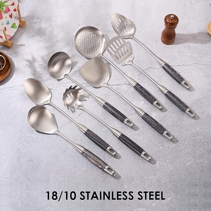 18/10 Stainless Steel Kitchen Utensils Set with Wooden Handle, 8Pcs 15??Long Cooking Utensil Set & Kitchen Gadgets Cookware Set, Serving Utensils-Spatula, Turner, Pasta, Serving Spoon, Skimmer, Ladle