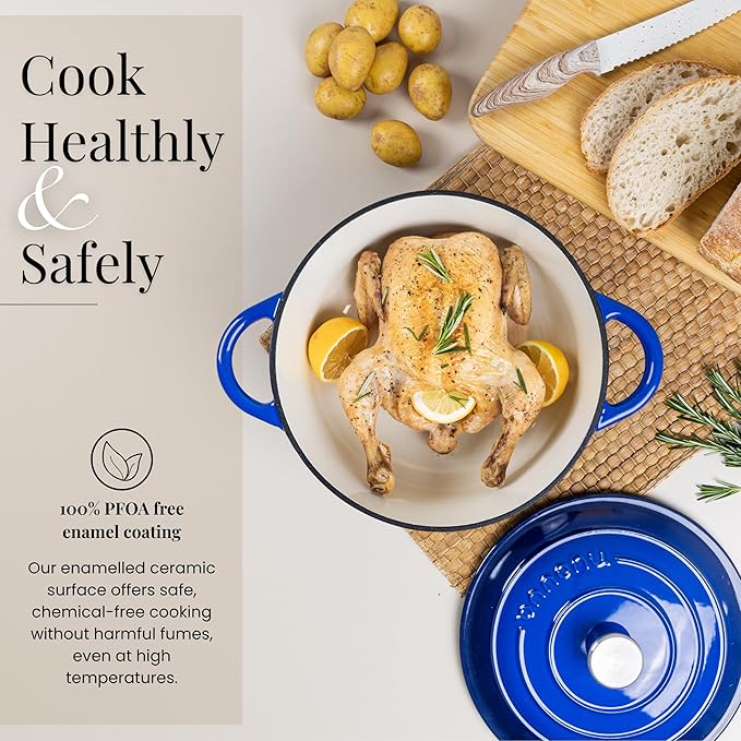 Nuovva Enamelled Cast Iron Dutch Oven Pot with Lid ??6.4 Quart Non Stick Casserole Pot ??Heavy Duty & Oven Safe up to 500째 F for Bread Baking, Braising, Stews, Roasting ??28cm Dark Blue