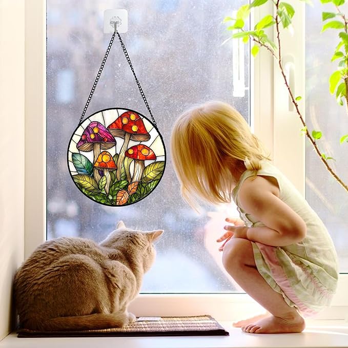 Stained Glass Window Hanging, Mushroom Leaves Suncatcher for Doors Home Sun Catchers Decoration and Christmas, Mother's Day Birthday Gifts for Women, Men, and Mom 6.3 in
