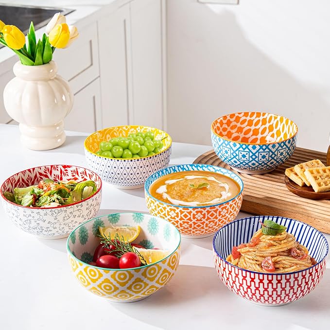 Cerkik Ceramic Soup Bowls Set - 23 Oz Deep Cereal Bowl for kitchen - 6 Inch Porcelain Salad Bowl for Pasta, Dessert, Ramen - Microwave Dishwasher Safe - Set of 6 - Assorted Colors