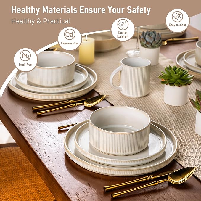 GBHOME Stoneware Dinnerware Sets for 4,Round Reactive Glaze Ceramic Plates and Bowls Set,Highly Scratch Resistant | Dishwasher & Microwave Safe Dishes Set,Service for 4(12Pcs),Vanilla White