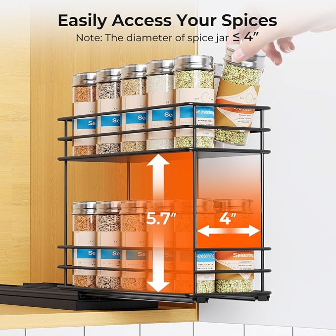 Pull Out Spice Rack Organizer for Cabinet, Slide Out Spice Racks, Easy to Install, 4.33" Wx10.43 Dx8.66 H, 1 Drawer 2 Tiers(Black)