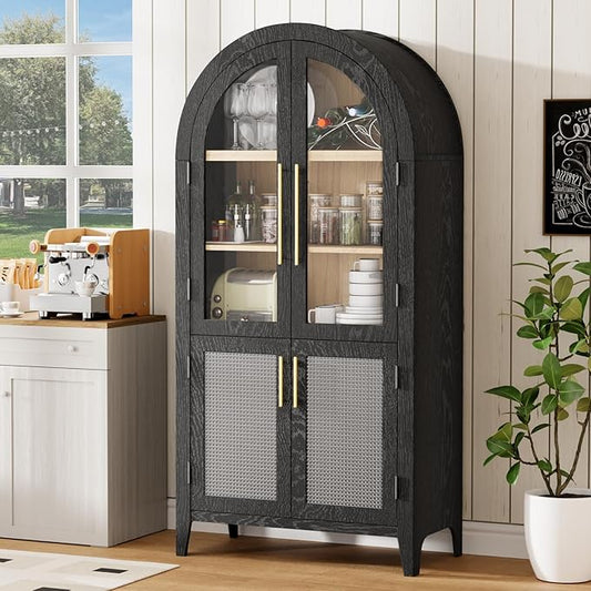 63??Arched Kitchen Pantry Cabinet ??5-Tier Modern Farmhouse Storage Cabinet w/Glass & Fluted Doors, Adjustable Shelves for Kitchen, Living Room, Entry, Office, Engineered Wood, Black