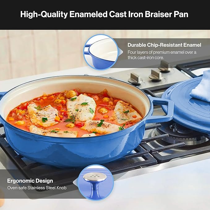 Misen 5.5 QT Braiser ??Enameled Cast Iron Pan for Searing, Braising & Slow Cooking ??No-Chip Enamel Coating ??Extra-Wide Handles ??Superior Heat Retention & Even Cooking - Blue