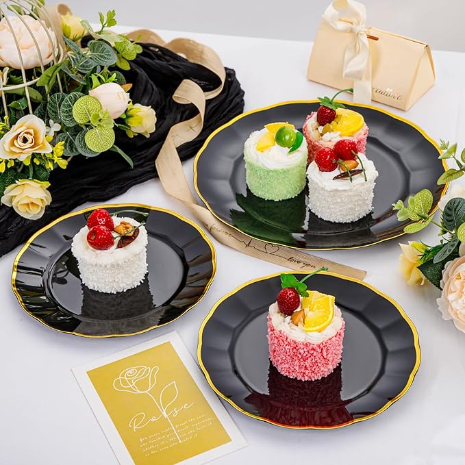 EI 150pcs Black Plastic Plates,Black and Gold Fancy Plate,Gold Plastic Silverware,Black and Gold Dinnerware Set,Premiun Heavy Duty Taleware,Perfect for Party,Wedding,Business Events,Hotel Banquets
