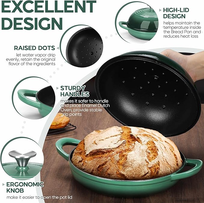 E-far Dutch Oven for Sourdough Bread Baking, 6 Qt Round Enameled Cast Iron Dutch Oven for Homemade Artisan Bread, Dome Lid & Shallow Base, Matte Black Interior & Durable, Oven-Safe to 500?? Dark Green