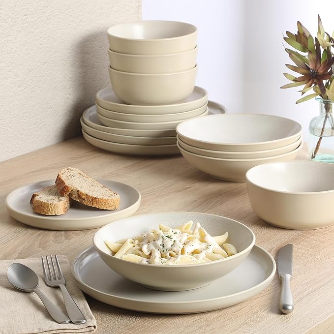 Gibson Elite Tribeca Loft 16-Piece Dinnerware Set ??Matte Cream and White Reactive Glaze Stoneware, Double Bowl Round Plates and Bowls ??Modern Neutral Tableware for 4, Dishwasher & Microwave Safe