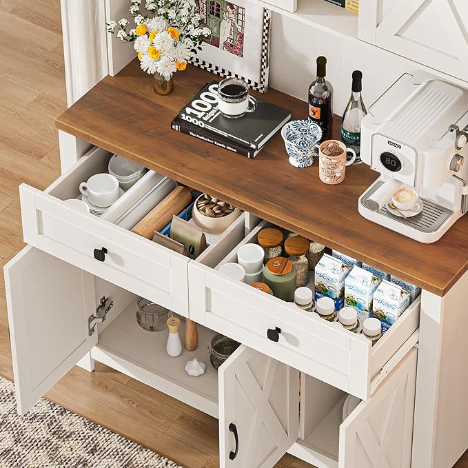 67.7 Inch Farmhouse Pantry Storage Cabinet with Sliding Barn Doors, 2 Drawer Farmhouse Coffee Cabinet with Adjustable Shelf, Side Board with Buffet Cupboard for Livingroom Kitchen, White