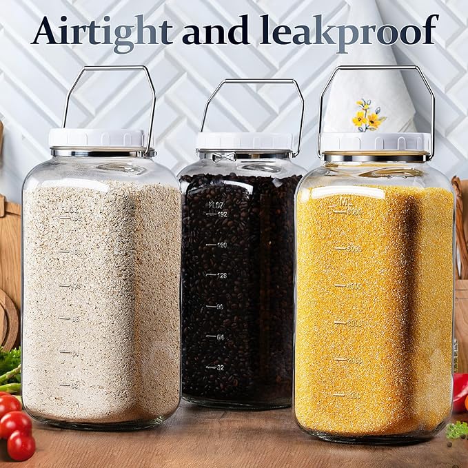 Folinstall 2 Gallon Large Glass Jar with Lid, Wide Mouth Storage Jars with Stainless Handle, Extra Big Glass Container with 2 Scale Mark for Storing Food, Kitchen Organization, 7400 ML/250 OZ