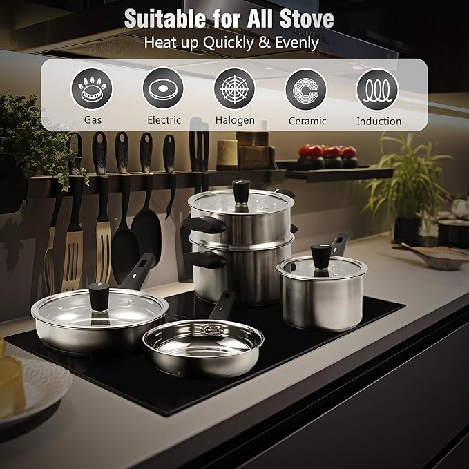 Meythway 14-Piece Stainless Steel Cookware Set for Induction Stovetops ??Non-Toxic Pots & Pans with Stay-Cool Handles, Glass Lids, Steamer, Pot Mats & Utensils ??Dishwasher Safe Kitchen Cookware