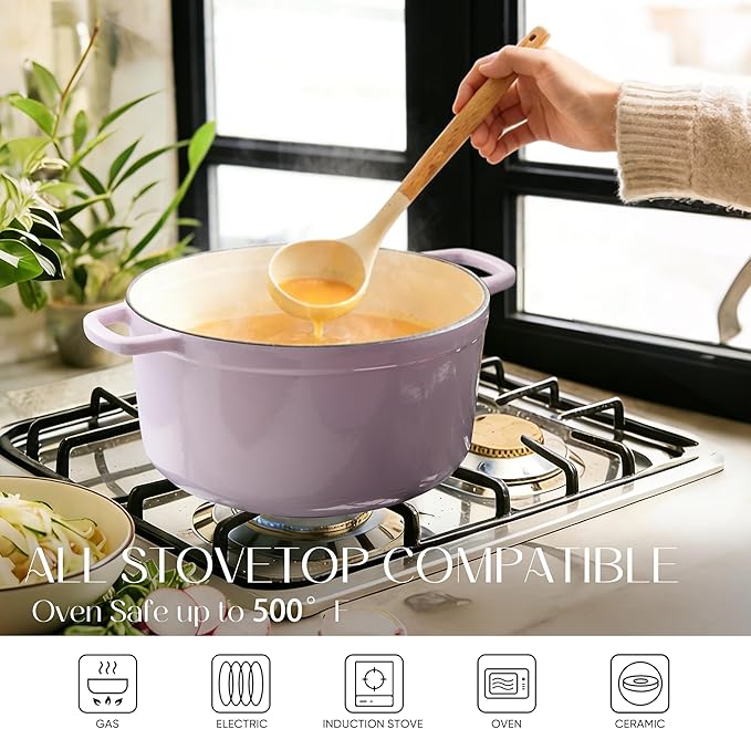 CAROTE 5QT Enameled Cast Iron Dutch Oven Pot with Lid, Heavy-Duty Dutch Ovens for Sourdough Bread Baking, Braising, Roasting, Dual Handles, Healthy & Non-Toxic, All Stovetop Compatible, Oven Safe up to 500째 F, Macaron Purple