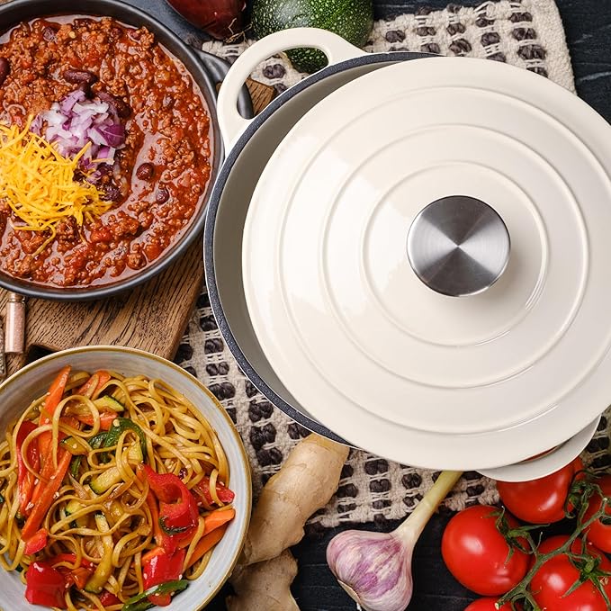 3 Quart Dutch Oven Enameled Cast Iron with Lid - Big Dual Handles - Oven Safe up to 500째F - Classic Round Pot for Versatile Cooking Cream