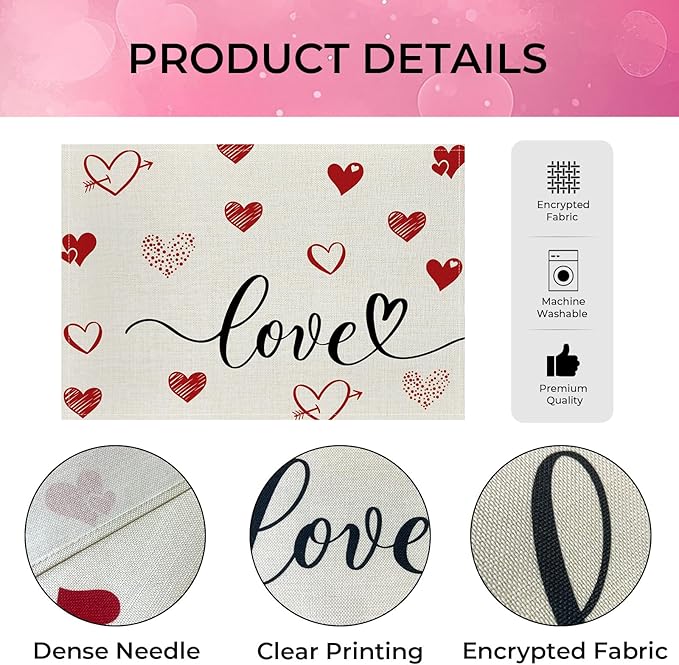 Valentine Placemats Set of 4, 12x18 Inch Love Hearts Table Mats, Seasonal Anniversary Holiday Valentines Day Table Decorations for Kitchen Dining Home Party Decor (White)