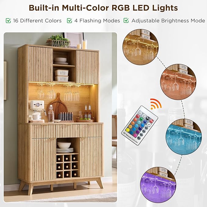 OKD 72" Tall Wine Bar Cabinet with Storage Hutch, Modern Wood Fluted Coffee Bar Cabinet with LED Lights and 10 Tier Storage Shelf & 9 Grid Wine Glass Rack for Home Dining Room Kitchen (Natural Oak)