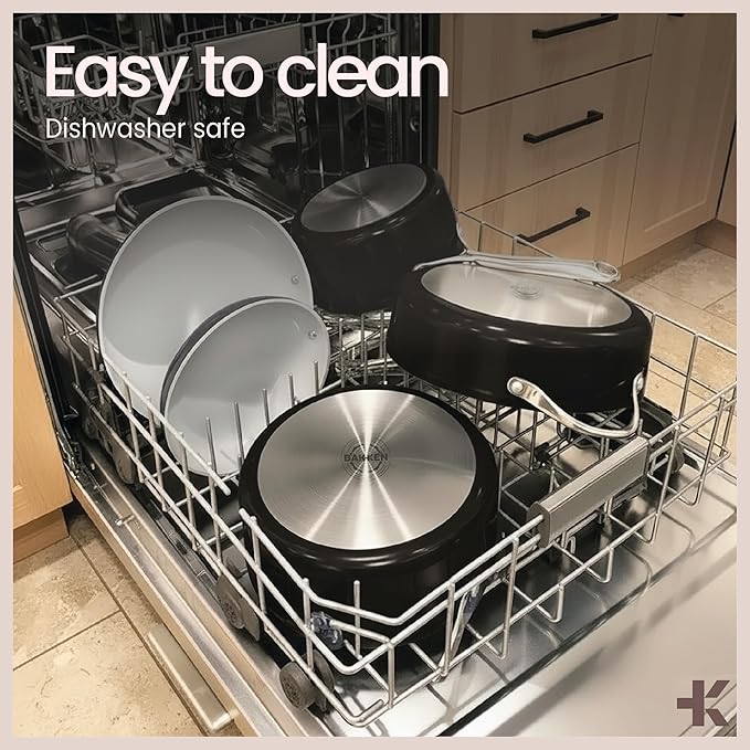 Bakken 12-Piece Aluminum Cookware Set with Ceramic Nonstick Coating, PTFE & PFAS Free, All Stovetop Safe Up To 500째F, Pots and Pans Set with Lids, Silicone Utensils Included, Dishwasher Safe, Black