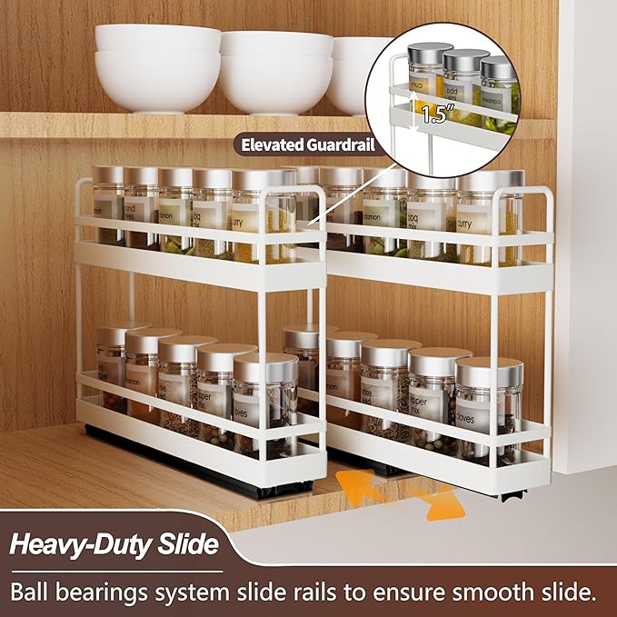 Finnhomy Pull Out Spice Racks for Inside Cabinets, Whole Metal Manufacturing, Vertical Spice Rack Pull Out, Spice Organizer, 2.16" W 횞 10.39" D 횞 9.76" H, 2 Drawers & 2 Tiers, 2 Pack, Light Gray