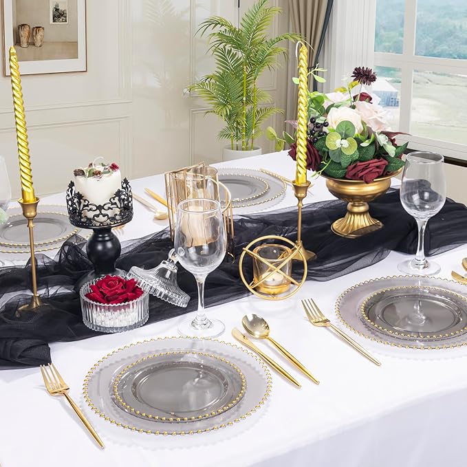 EI 60pcs Black and Gold Plastic Plates Clear with Black Disposable Plates Heavy Duty Gold Plastic Dinnerware Set For 30 Guests Perfect Wedding,Party,Birthday,Anniversary,Business Events,Hotel Banquets
