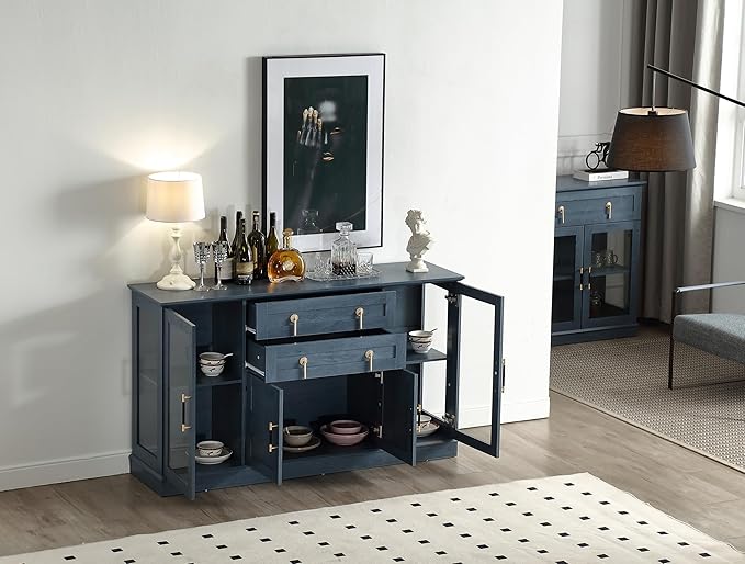 Storage Cabinet Set,Three Different cabinets with Glass Doors Fulfilling All Needs for Storage and Showcase,for Kitchen,a Pantry+Large Sideboard+Small Buffet Cabinet (Blue)