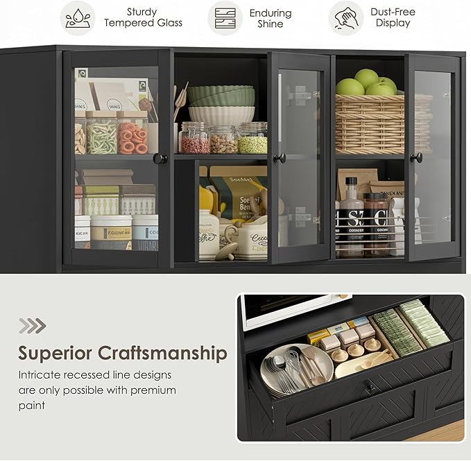 72??Tall Kitchen Pantry Storage Cabinet, Modern White Kitchen Hutch with Large Storage Drawer, Countertop, Adjustable Shelves, Food Pantry Cabinets for Dining Room, Living Room (Black)