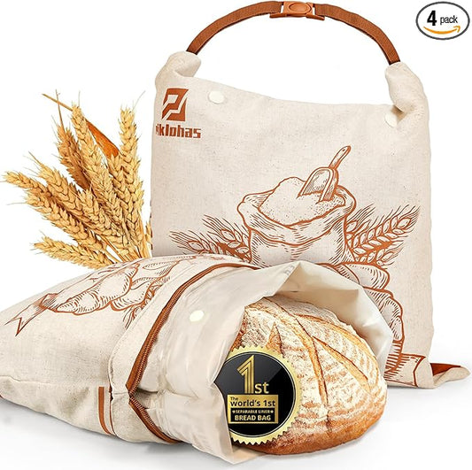 Sourdough Bread Bags, 2 Sets Detachable Bread Storage for Homemade Sourdough, Reusable Linen Food Storage with Lining & Triple Lock for Fresh Keeping, BPA Free, Christmas Baking Gifts