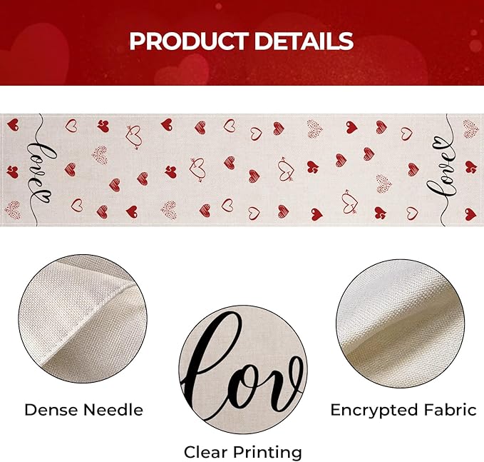 Valentines Day Table Runner 13x120 Inch, Love Hearts Valentine Table Runner, Anniversary Home Kitchen Dining Table Holiday Party Decorations (White)