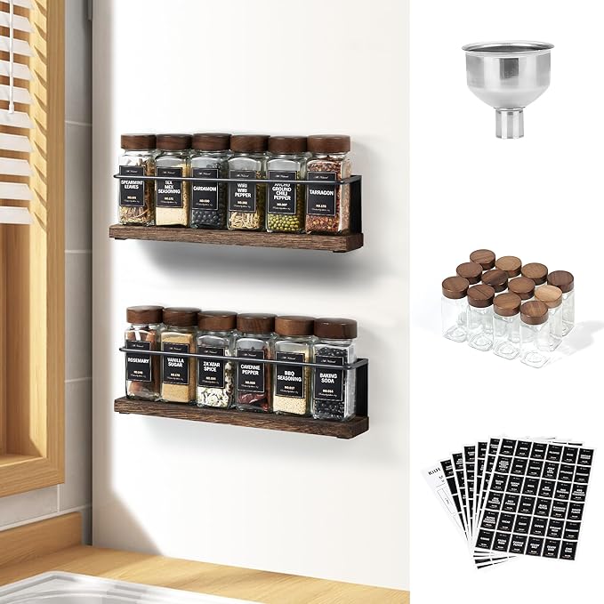 Wooden Lid Magnetic Spice Rack with 12 Jars, 216 Labels, 1 Steel Funnel for Refrigerator竊똌icrowave Oven - Full Set of Spice Organizer
