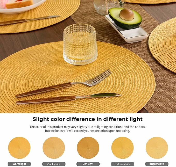 FunWheat Round Braided Placemats Set of 8 Table Mats for Dining Tables Woven Washable Non-Slip Place mats 15 inch(Pumpkin Yellow,8pcs)