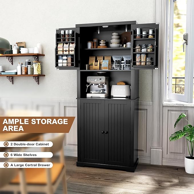 HLR 72" Kitchen Pantry Storage Cabinet, Freestanding Larder Cupboard, Kitchen Hutch Cabinet with Microwave Stand,Utility Pantry with Doors and Shelves for Dining Room, Living Room