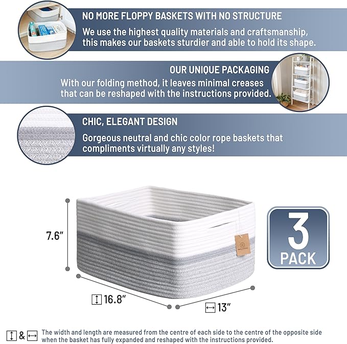 NaturalCozy Storage Baskets 16.8?쓝13?쓝7.6??Cotton Rope Woven Baskets for Organizing 3-Pack | Toy Storage Bins | Basket for Shelves, Laundry, Blanket, Clothes, Closet, Kitchen, Bathroom, Gifts